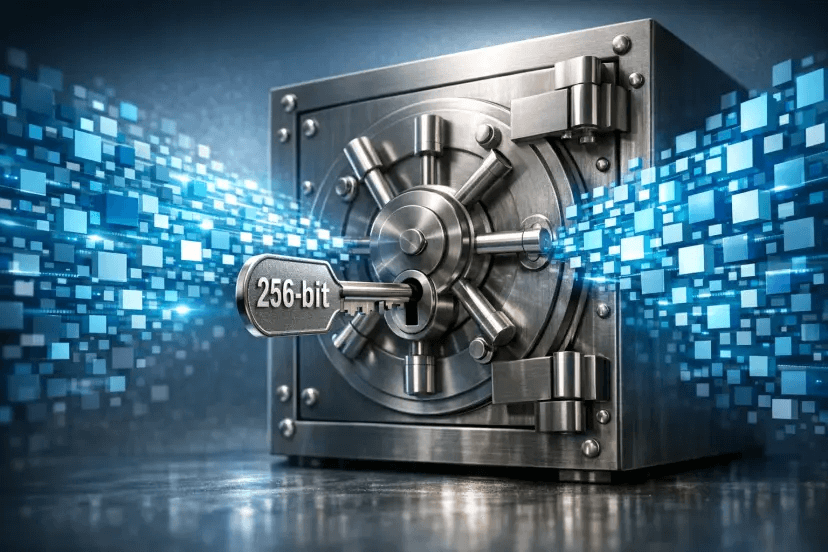 Una metáfora visual simple de una bóveda digital robusta con una sola llave etiquetada 