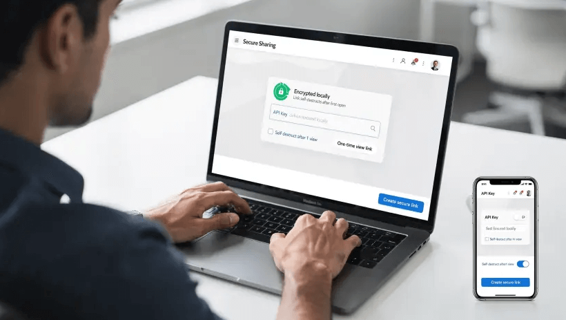 A developer at a laptop pastes an API key into a secure sharing tool, a confirmation badge indicates encryption is local and the link will self-destruct after a single view, the interface is clean and mobile friendly.