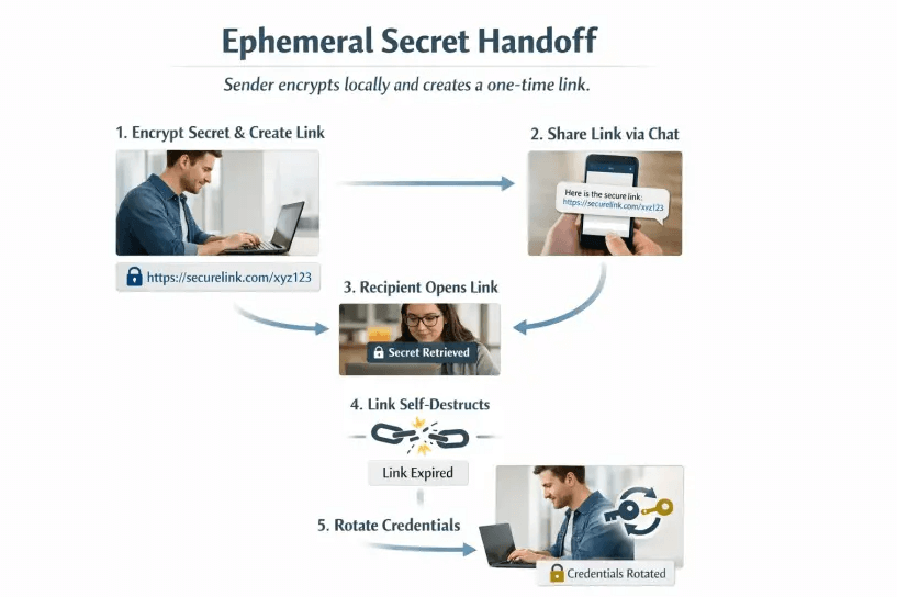 Simple flow diagram titled Ephemeral secret handoff: Sender encrypts locally and creates a one-time link, shares the link via chat, recipient opens once and retrieves the secret, link self-destructs, sender rotates credentials.
