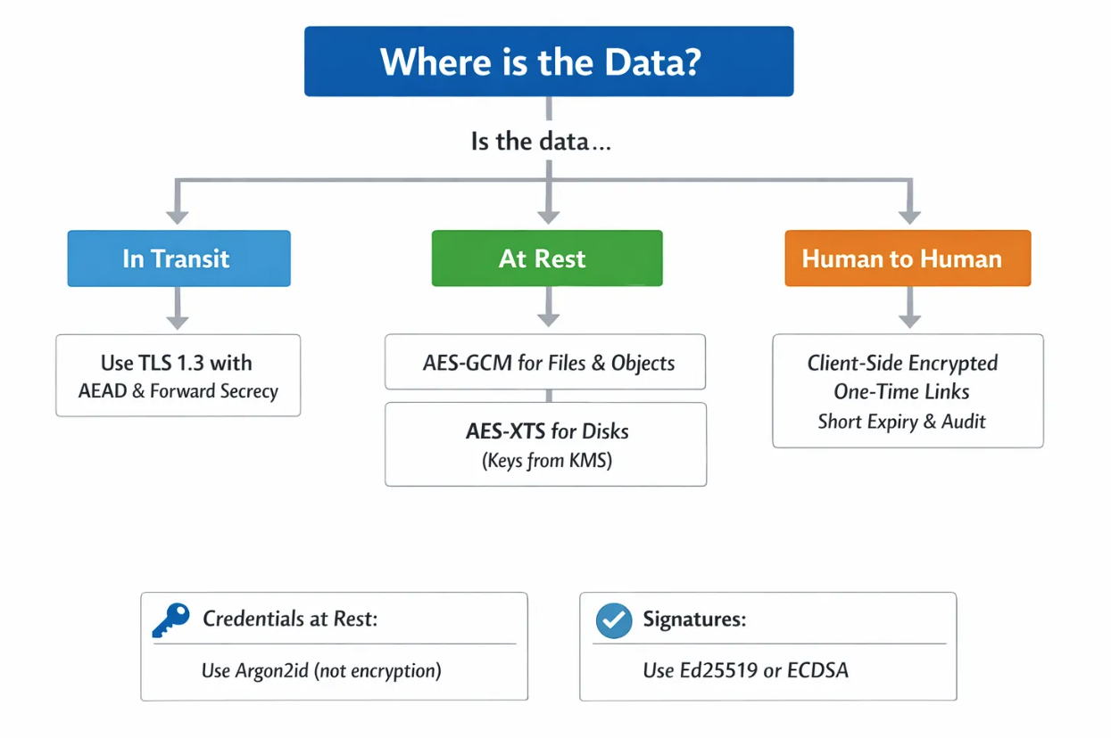 A simple flowchart that maps encryption choices by question. Step 1, where is the data, in transit, at rest, or human to human. If in transit, use TLS 1.3 with AEAD and forward secrecy. If at rest, use AES-GCM for files and objects or AES-XTS for disks with keys from a KMS. If human to human, use client-side encrypted one-time links with short expiry and audit. For credentials at rest, use Argon2id instead of encryption. For signatures, use Ed25519 or ECDSA.