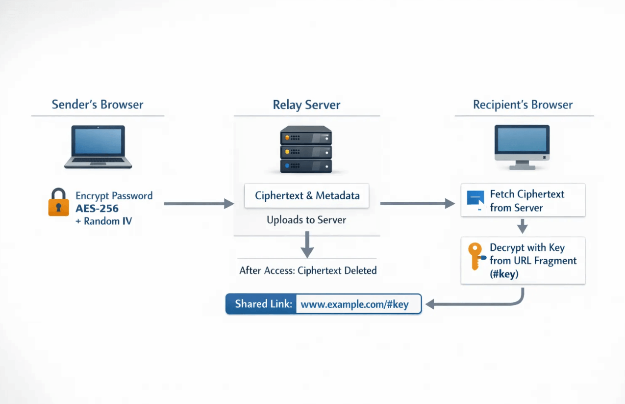 A simple diagram: sender's browser encrypts a password using AES-256 and a random IV, uploads only ciphertext and metadata to a relay server, the link the sender shares contains the decryption key in the URL fragment (#key). The recipient's browser fetches ciphertext from the server, uses the fragment key to decrypt locally, then the server deletes the ciphertext after a single access.
