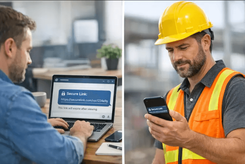 A small distributed team scenario: an engineer on a laptop generates a one-time, self-destructing link for a database password, while a contractor reads it on a phone. The chat window shows only the link, not the secret. A subtle lock icon emphasizes end-to-end encryption.
