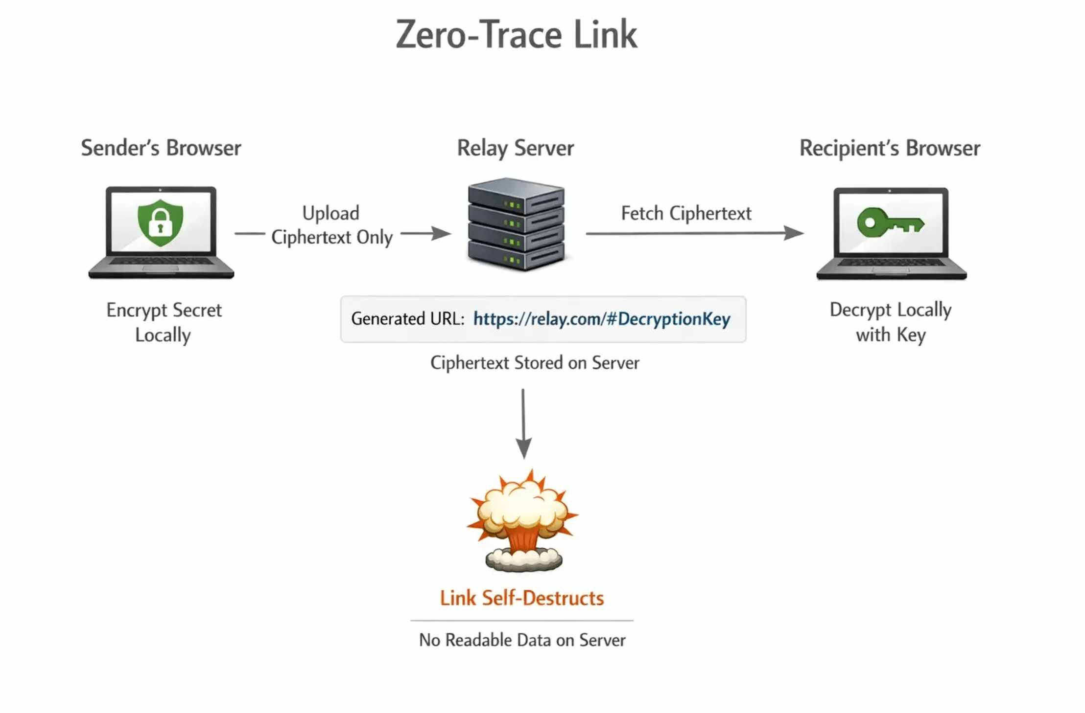 A simple diagram showing the flow of a zero-trace link: the sender’s browser encrypts a secret locally, uploads only ciphertext to a relay, generates a URL where the decryption key is stored in the fragment; the recipient’s browser fetches ciphertext from the relay, decrypts locally using the key from the fragment, then the link self-destructs leaving no readable data on the server.
