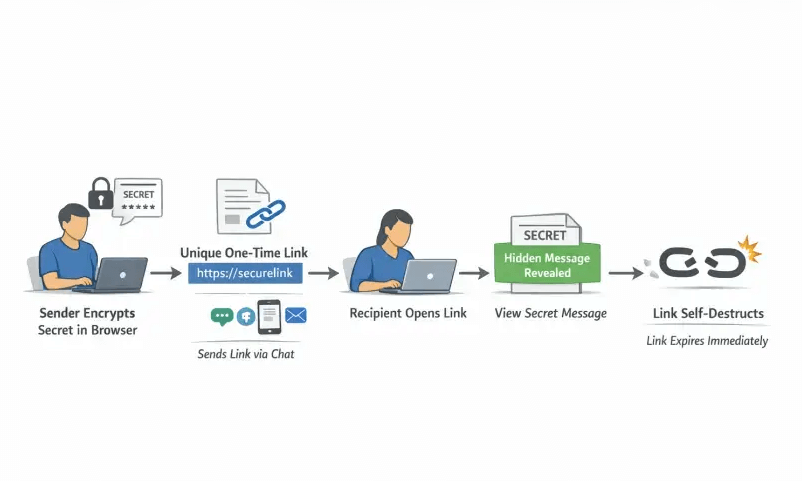 Um diagrama de fluxo simples mostrando um remetente criptografando um segredo no navegador, gerando um link único de uso único, enviando-o para um destinatário via chat, o destinatário abrindo-o uma vez para revelar o segredo e o link se autodestruindo imediatamente após o acesso.