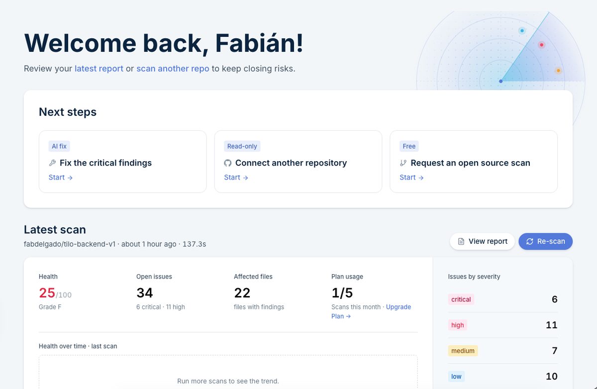 Nurbak dashboard with the repo security score and issues by severity