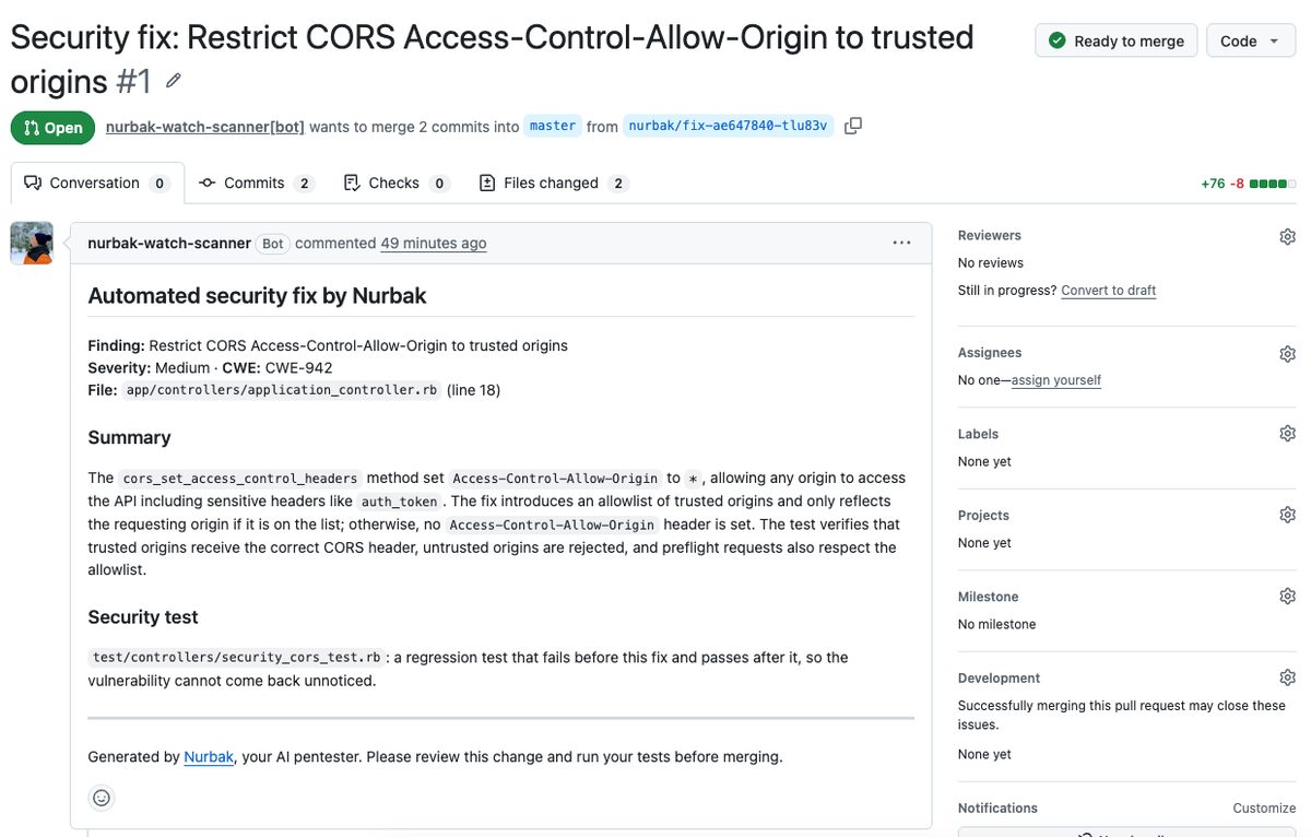 Pull Request opened by Nurbak on GitHub with the security fix and its test